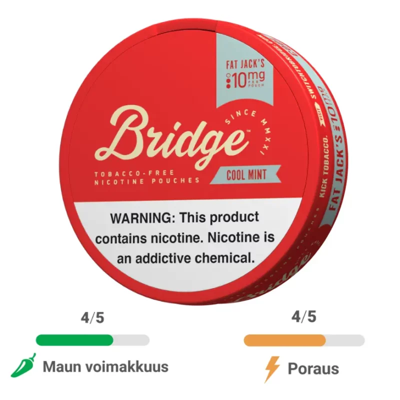 Bridge Cool Mint 10mg sisältää 10mg nikotiinia per pussi ja 16mg nikotiinia per gramma.